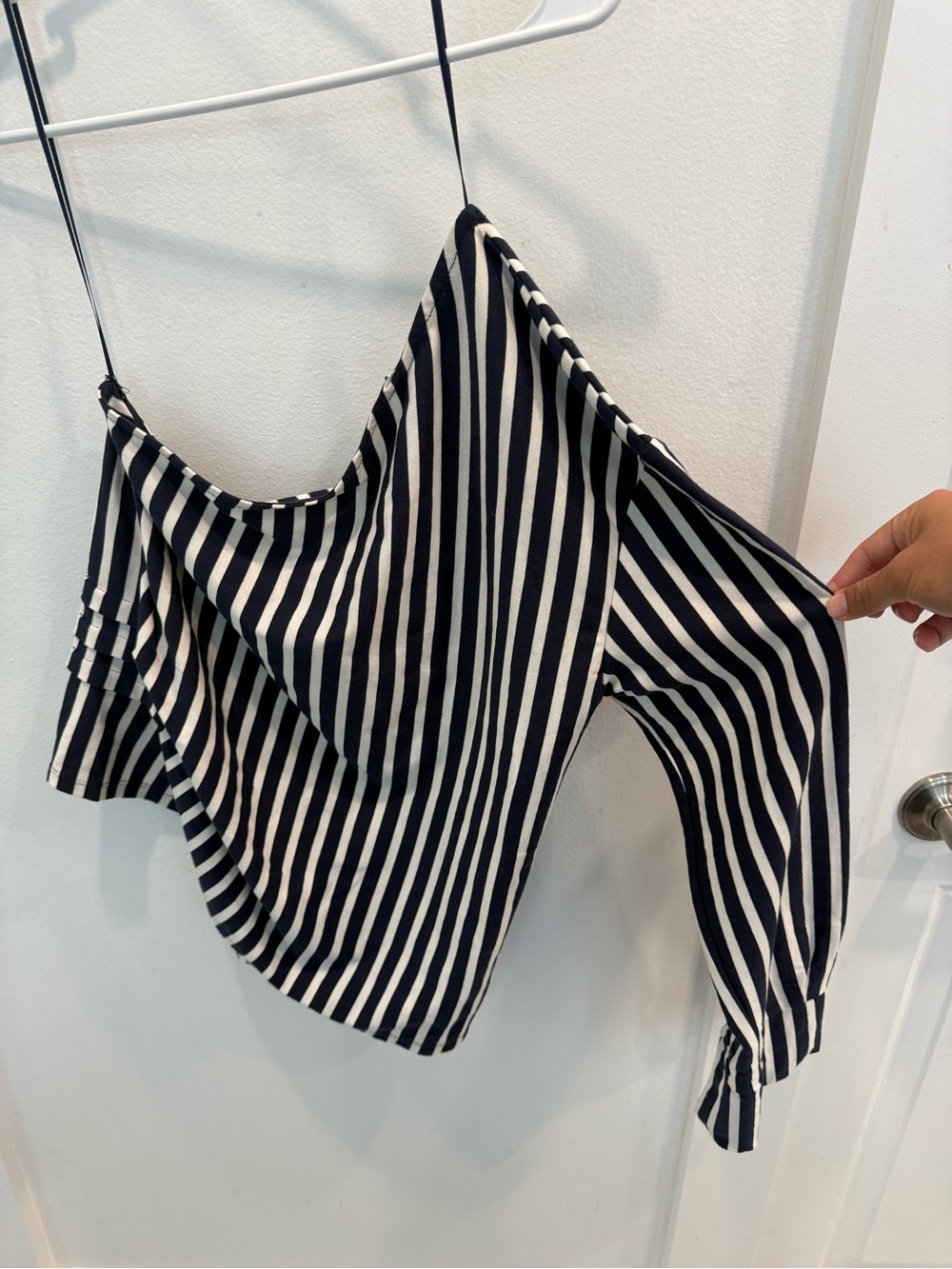 Zara Striped Navy and White One-Shoulder Top Size Small